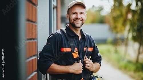 positive handsome Caucasian electrician worker in uniform smiling looking at the camera while near the house