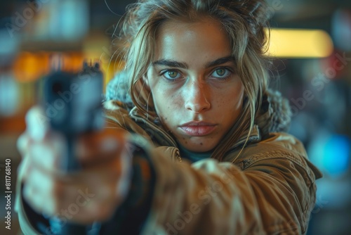 Young female with intense gaze aiming a handgun in an urban environment