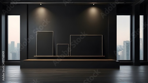 3 blank wall art mockup, close-up, blank mockup with podium black wall theme