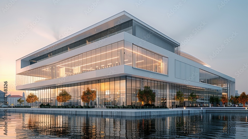 Obraz premium A large modern building in contemporary style, minimalistic design. Generative AI.