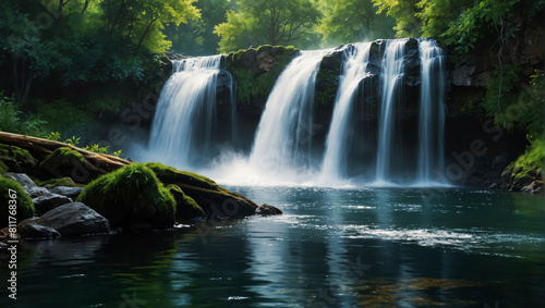 waterfall in a jungle. The waterfall is cascading over a cliff into a pool of water