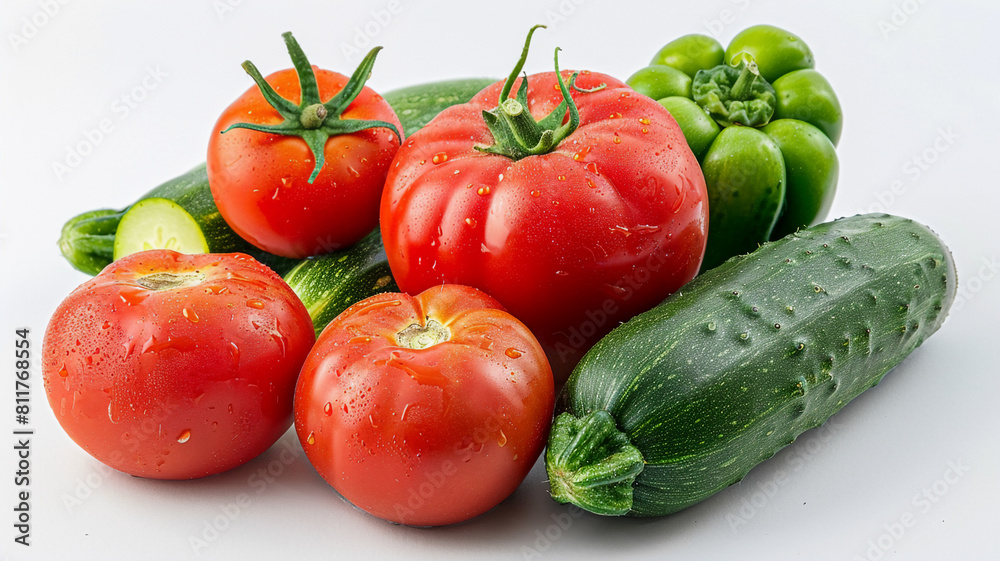 Fresh tomatoes, cucumbers, and a green bell pepper with water droplets on a white background.