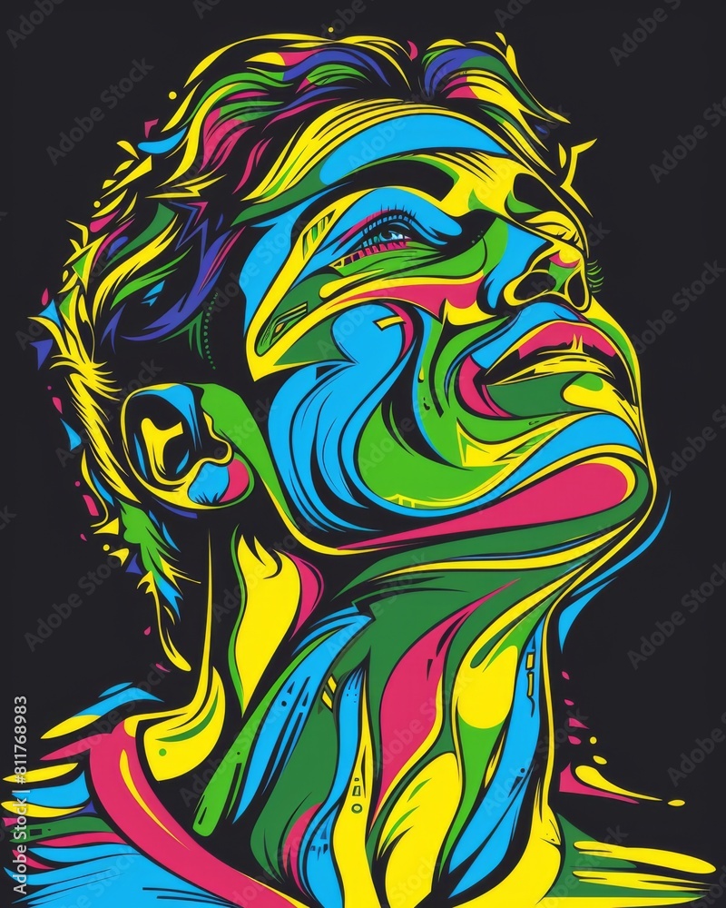 A mans face is painted in bright, vibrant colors against a dark backdrop