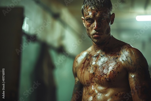 A toned muscular man, drenched and covered in blood and mud, stands in a dimly-lit and gritty locker room environment © Larisa AI