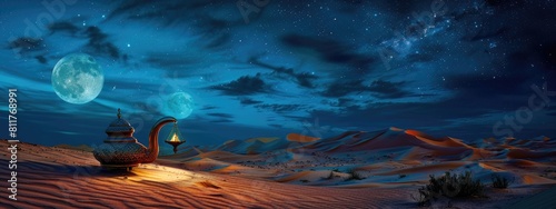 Aladdin's lamp in the desert. Generative AI photo