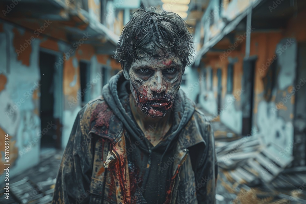 A chilling image of a zombie with graphic bloody details in a derelict urban setting, evoking a post-apocalyptic horror atmosphere A chilling image of a zombie with graphic bloody details in a derelict urban setting, evoking a post-apocalyptic horror atmosphere