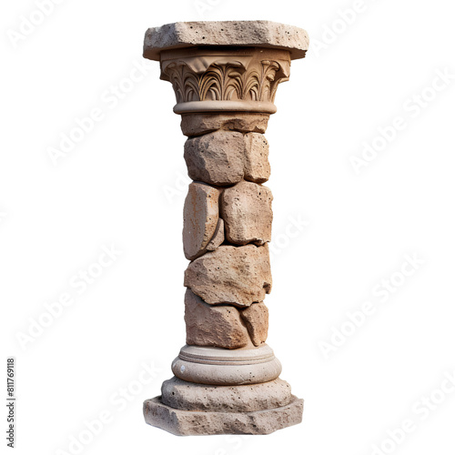 Ancient Stone Column with Ornate Capital and Rough Rock Structure, isolated, transparent background, white background, no background photo