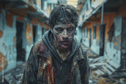 A chilling image of a zombie with graphic bloody details in a derelict urban setting, evoking a post-apocalyptic horror atmosphere © Larisa AI