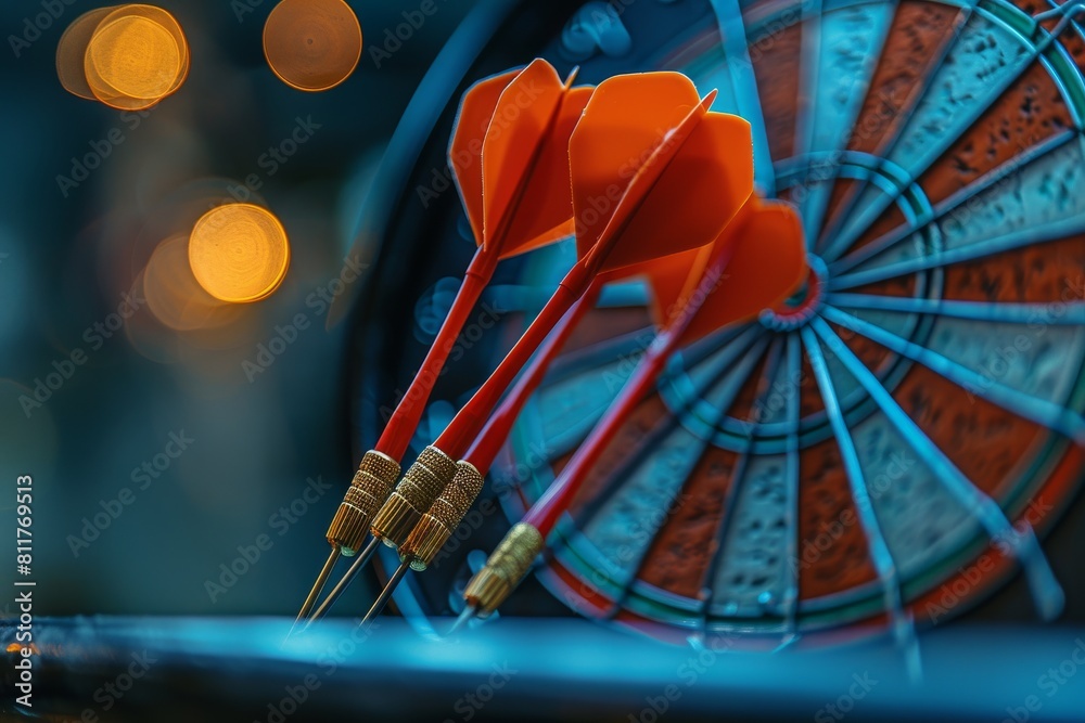 A striking close-up showcasing the precision of darts hitting the bullseye, symbolizing achievement and goal-setting amid bokeh lights