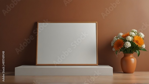 Blank wall art mockup  close-up  blank mockup with podium orange wall theme