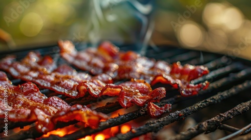 fried bacon on the grill on the background of nature. Selective focus