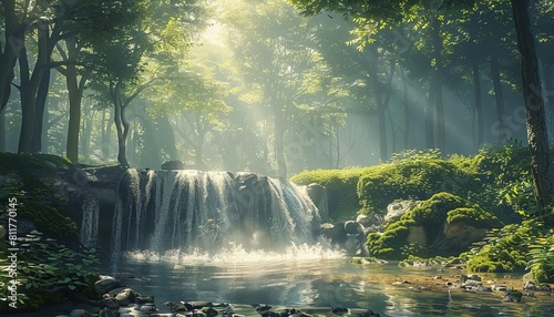 A serene scene of a small waterfall gently flowing through a forest, dappled with sunlight filtering through the trees