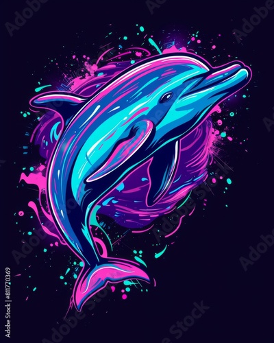 A dolphin is featured with a splash of colorful paint on its face, rendered in a vector illustration for a t-shirt graphic design photo