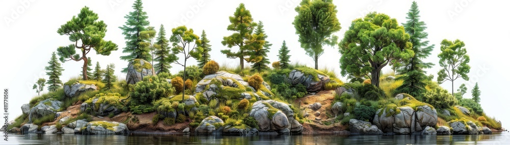 A lush green island with a body of water in the background A lush green island with a body of water in the background