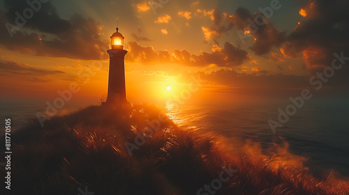A lighthouse is lit up at sunset on a beach. The sky is filled with clouds and the sun is setting. The lighthouse is on a hill overlooking the ocean photo
