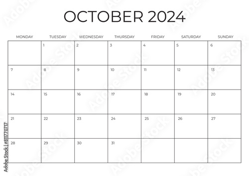 Monthly Planner October 2024. Calendar OCTOBER 2024. Week starts on Monday. Blank Calendar Template. Vector illustration