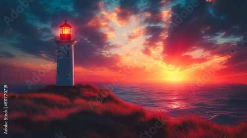 A lighthouse is on a hill overlooking the ocean. The sky is filled with clouds and the sun is setting, creating a beautiful and serene atmosphere
