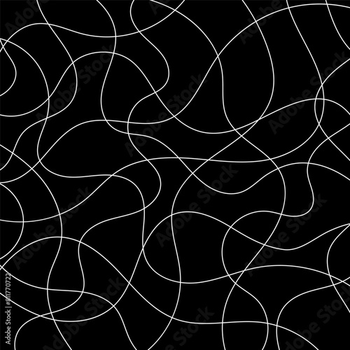 Принти на полотні Abstract thin wavy white lines on black design background