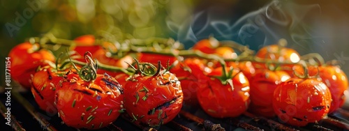 grilled tomatoes on the grill against the background of nature. Selective focus