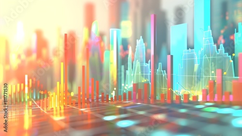 Vibrant 3D Cityscape Visualization Depicting Financial Market Trends and Economic Indicators
