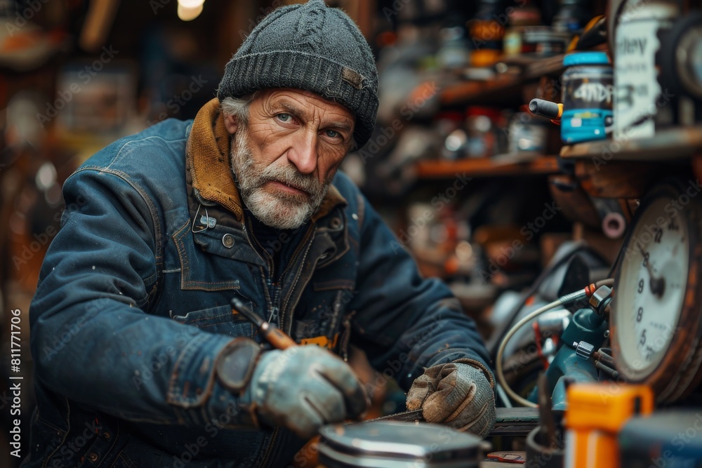Mature bearded man with a cap repairing a motorcycle in a vintage-looking workshop