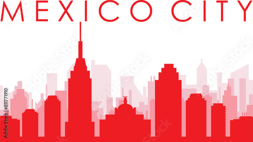 Red panoramic city skyline poster with reddish misty transparent background buildings of MEXICO CITY, MEXICO