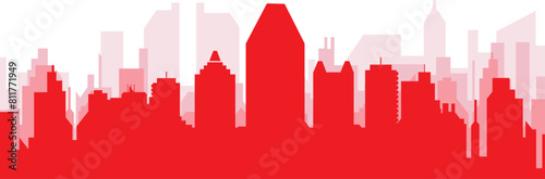 Red panoramic city skyline poster with reddish misty transparent background buildings of MONTREAL, CANADA
