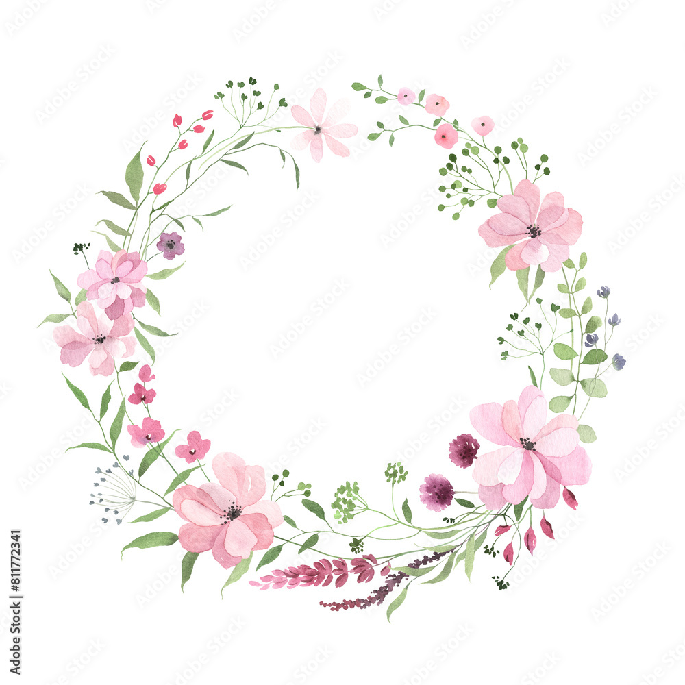 Wreath with abstract delicate pink flowers and green plants. Hand drawn isolated floral frame for invitation or greeting cards, colorful illustration for your text, message or photo.