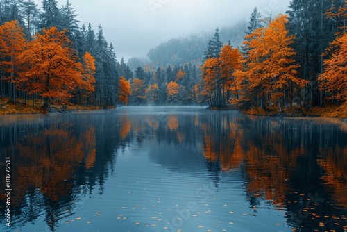 Tranquil scene with vibrant orange and golden autumn trees reflecting in the still waters of a forest lake