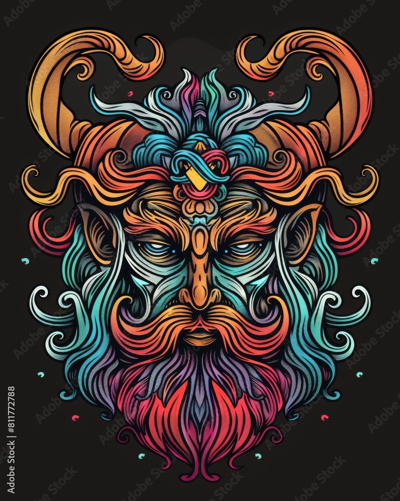 Colorful drawing of a man with long hair and a beard, isolated on a black background Colorful drawing of a man with long hair and a beard, isolated on a black background
