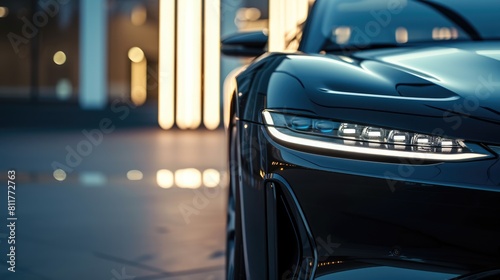 A close-up of a sleek black luxury sports car's headlight, showcased in the reflective ambiance of a premium car showroom. AIG41 photo