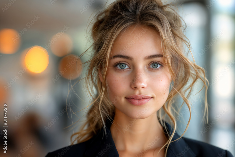 Elegant young white woman in business suit with minimalist blurred office room interior background Elegant young white woman in business suit with minimalist blurred office room interior background