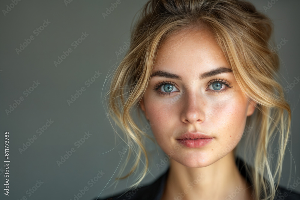 Naklejka premium Close-up of young white blond woman with blue eyes against blank grey background, copy space