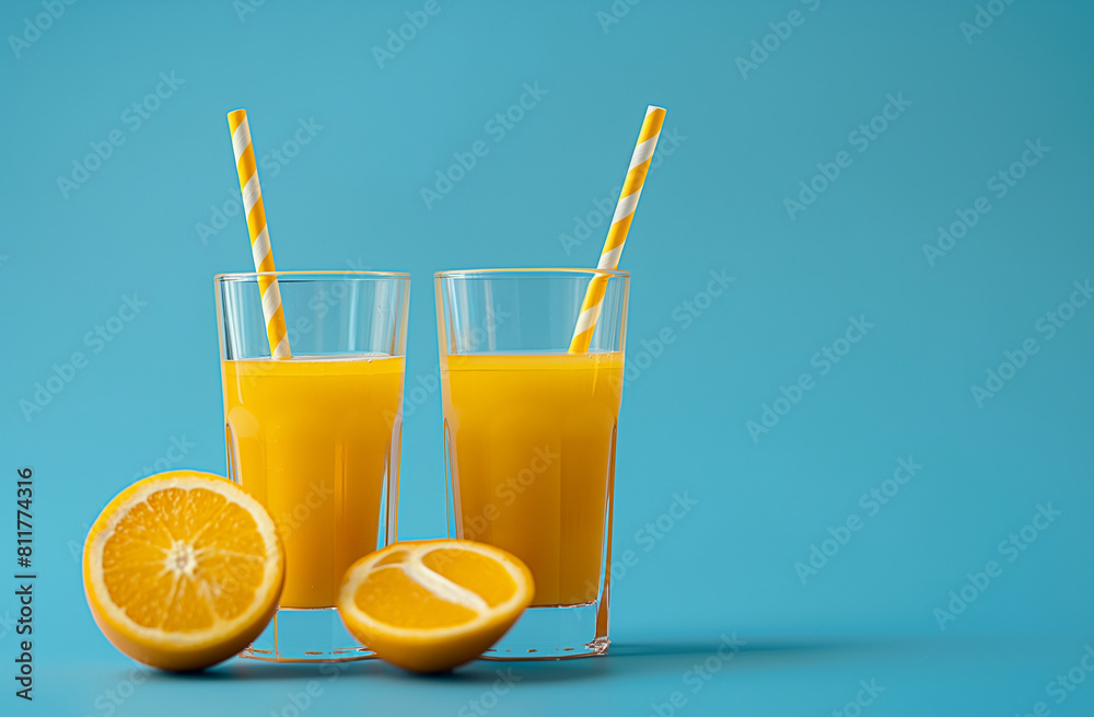 Refreshing orange juice served in tall glasses with striped straws on a vibrant turquoise background, symbolizing a fresh start to the day - AI generated