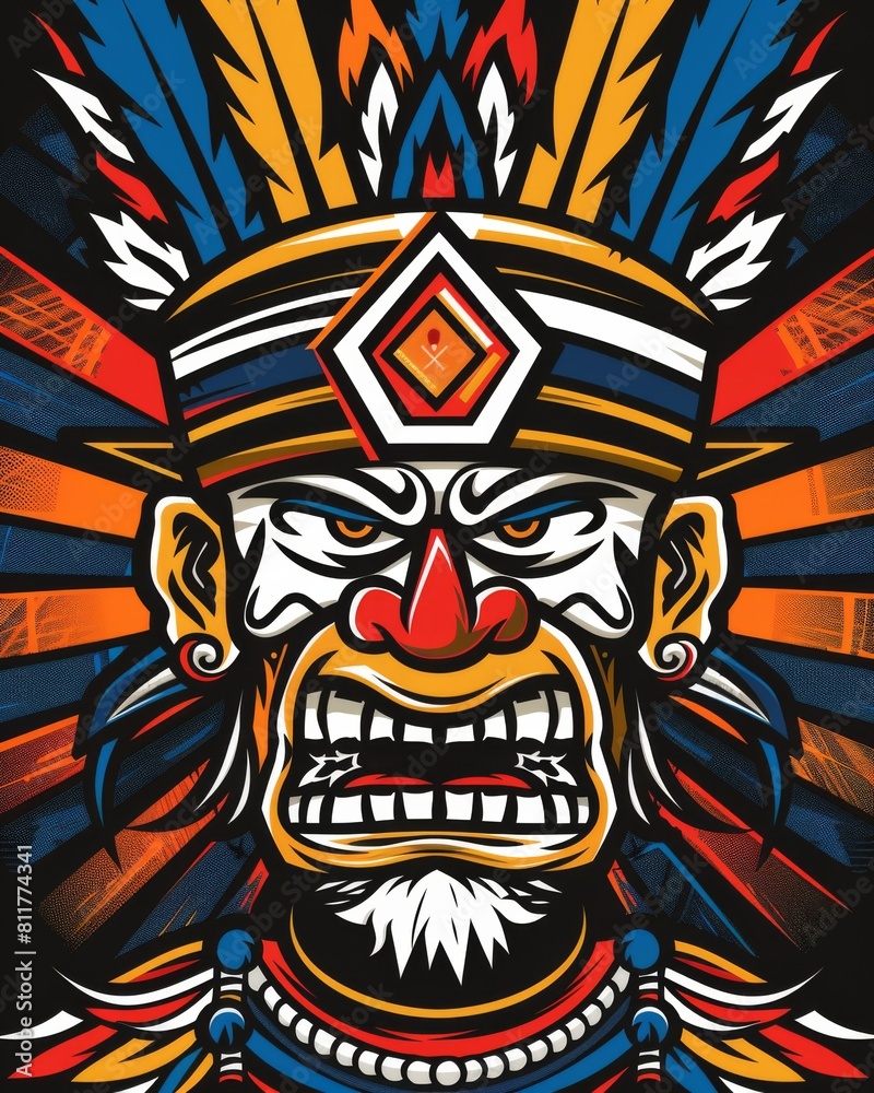 Vibrant T-shirt graphic design of a powerful Native American chief in a vector illustration against a black background