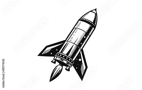 Space ship vintage rocket shuttle woodcut engraved style, vector illustration