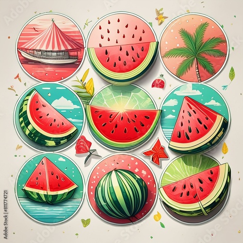 ircular Watermelon Stickers featuring a playful arrangement of watermelon slices photo