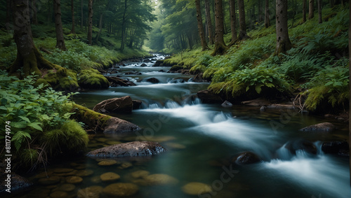 long exposure photograph of a river flowing through a forest
