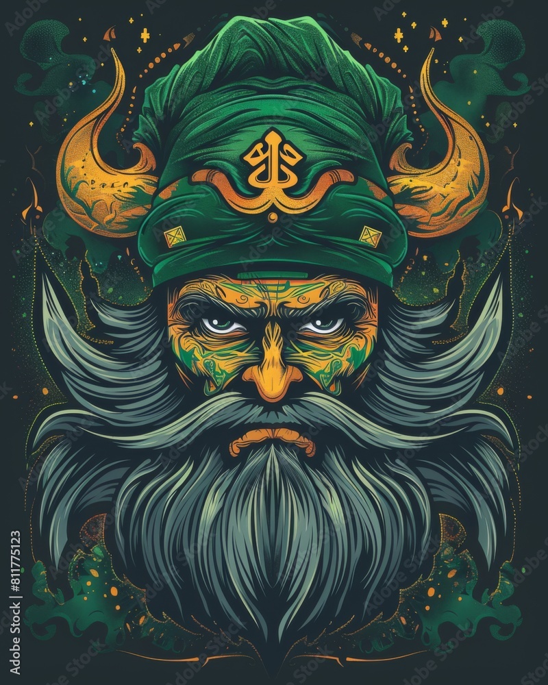 A bearded man wearing a green hat, part of tshirt graphic design, in vibrant colors against a black background
