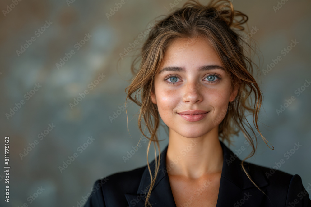 Caucasian woman with blue eyes in black business suit against textured grey background, copy space Caucasian woman with blue eyes in black business suit against textured grey background, copy space