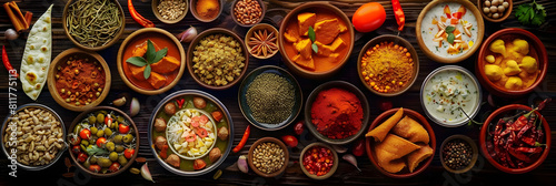 Top view of a colorful assortment of Indian food beautifully arranged on a table. The rich flavors and vibrant culinary culture of India. 