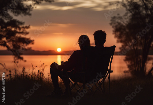 ilhouette of couple sitting on camping chair and watching sunset view 