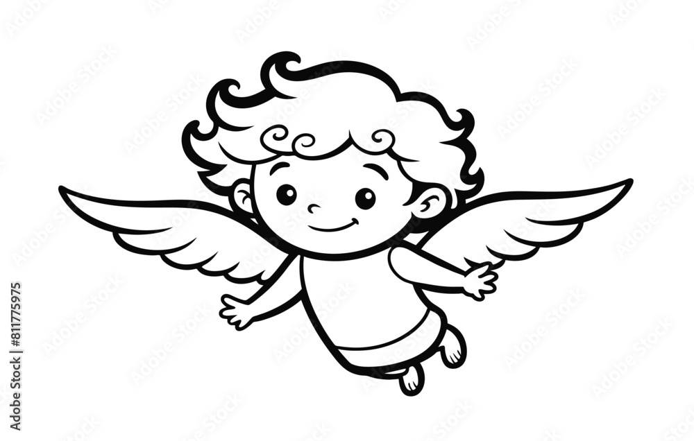 Obraz premium Cute Cupid with shooting an arrow doodle art vector. Outline little angel, amur baby. Design for Valentines day, cards, posters, template