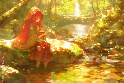 Mystical anime-style illustration red-haired woman forest sunlit stream foliage