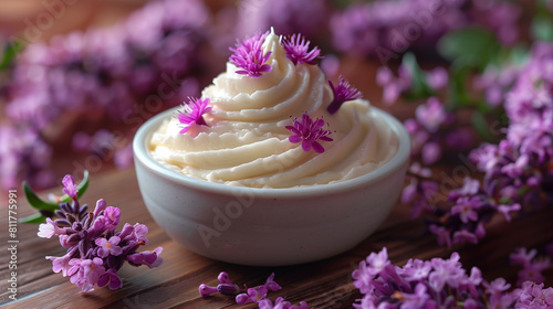 A bowl of cream and spring flowers. The concept of body care and aesthetics