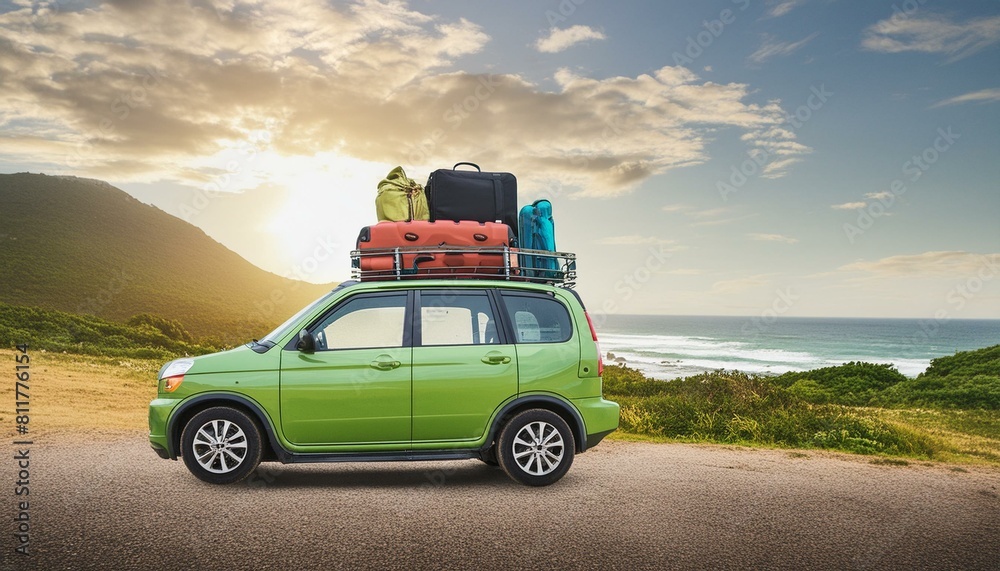 Fototapeta premium Green car with luggage ready for summer holidays