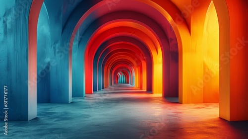 A long  colorful tunnel with a bright orange wall