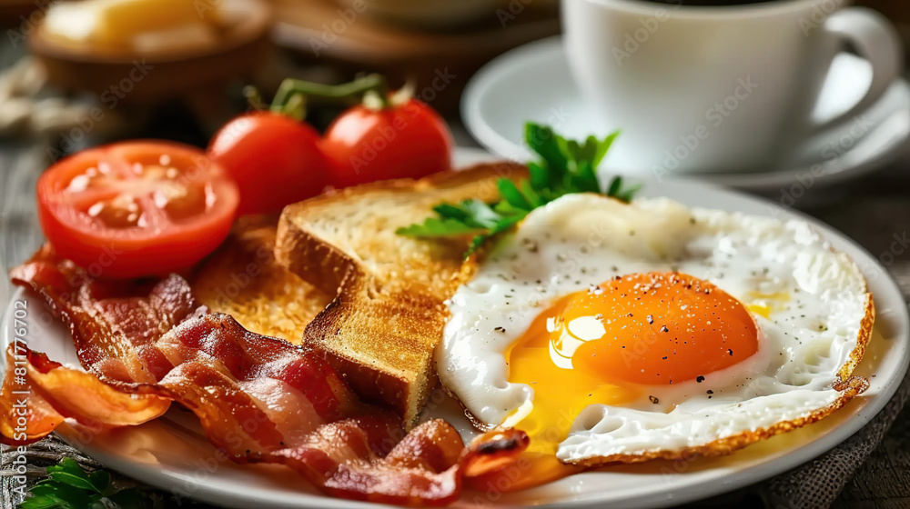 The breakfast table is adorned with a tempting ensemble a fried egg, crispy bacon, and sliced tomatoes,a savory morning delight The breakfast table is adorned with a tempting ensemble a fried egg, crispy bacon, and sliced tomatoes,a savory morning delight