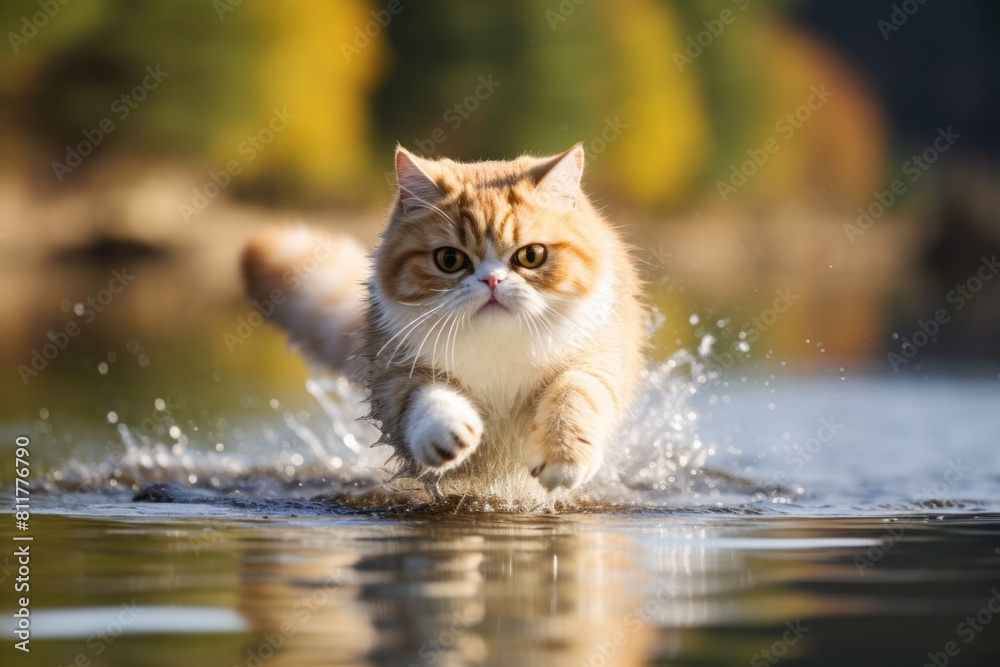 Environmental portrait photography of a smiling exotic shorthair cat pouncing in tranquil lake