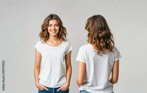 jeune femme qui porte un T-shirt blanc vierge à personnaliser vue de dos et de face photo